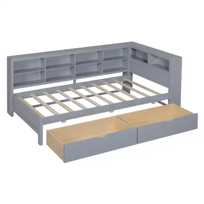 Lit de repos avec bibliothèque en L et 2 tiroirs, lit de jour en bois avec étagère de rangement et ports de chargement USB
