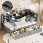 Daybed with L-shaped Bookcase and 2 Drawers, Wooden Day Bed with Storage Shelf and USB Charging Ports