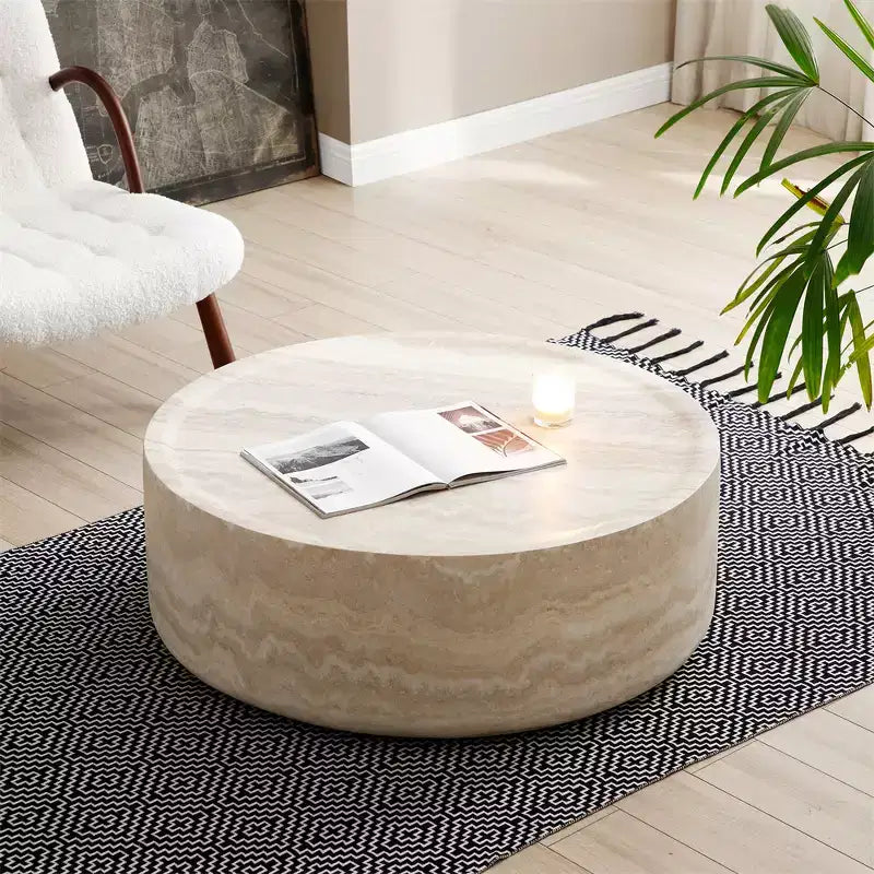 Round Fiberglass Drum Coffee Table, Modern Centerpiece, No Assembly Needed, for Living Room or Office