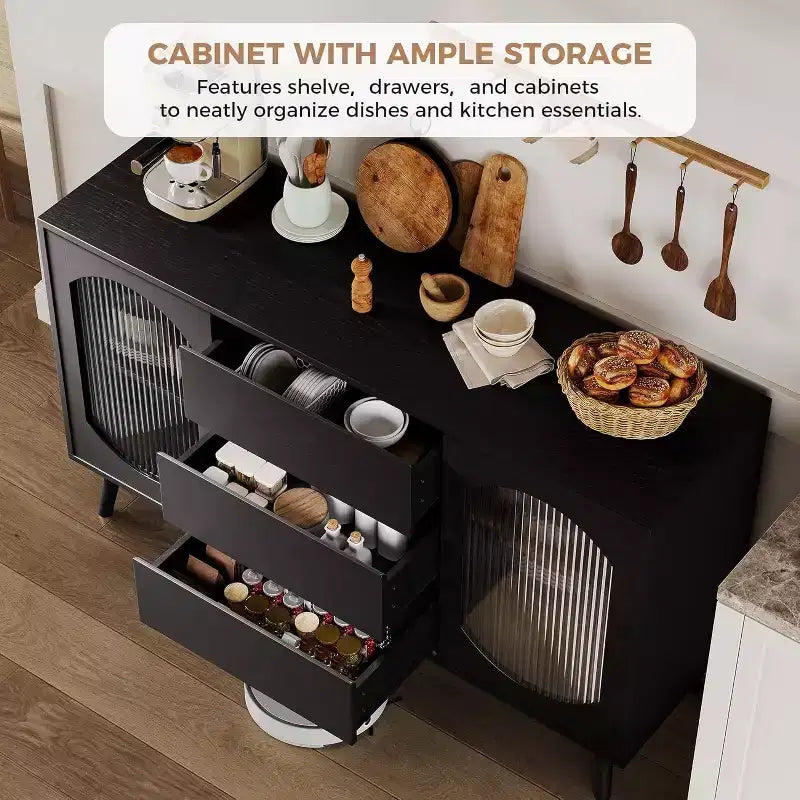 Bahut-buffet avec portes en verre cannelé et tiroirs de rangement, Armoire moderne pour salle à manger ou salon, Solution de rangement élégante