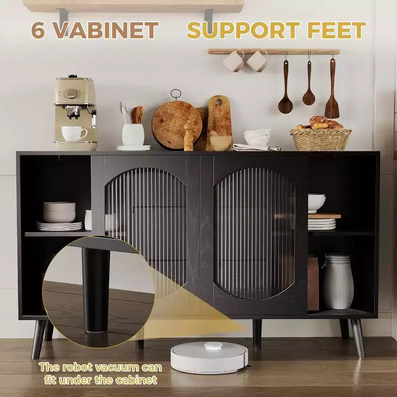 Bahut-buffet avec portes en verre cannelé et tiroirs de rangement, Armoire moderne pour salle à manger ou salon, Solution de rangement élégante