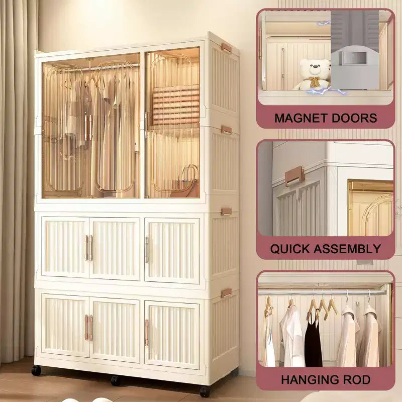 Armoire Portable avec 9 Portes Magnétiques et Tringle | Organisateur de Rangement à 9 Cubes pour Vêtements de Bébé | Comprend 6 Cintres, Commode Blanche pour Chambre d'Enfant