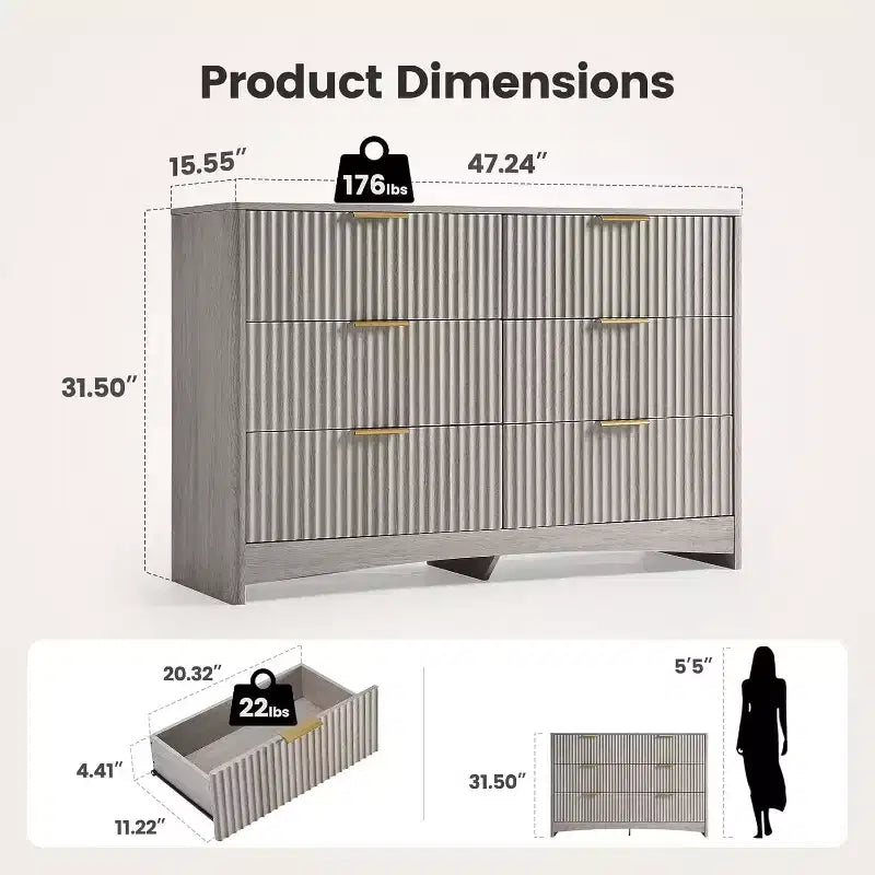 Commode à 6 tiroirs, boîte en bois à fente arrondie pour tiroirs, meuble TV coiffeuse et étagère de rangement pour chambre et couloir, gris