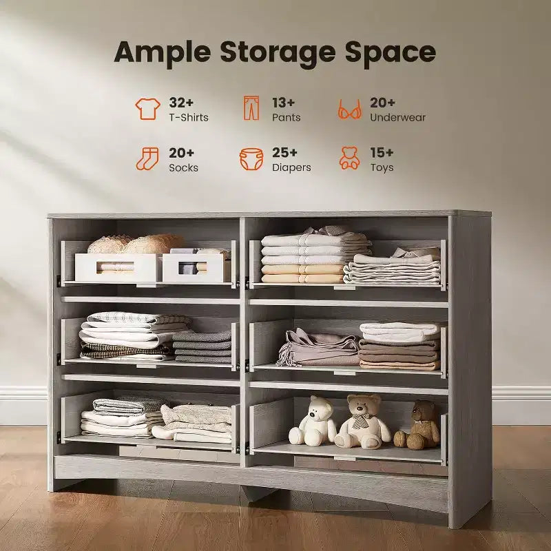 Commode à 6 tiroirs, boîte en bois à fente arrondie pour tiroirs, meuble TV coiffeuse et étagère de rangement pour chambre et couloir, gris