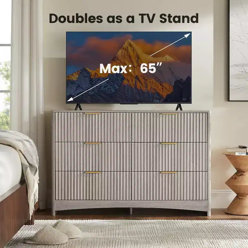 Commode à 6 tiroirs, boîte en bois à fente arrondie pour tiroirs, meuble TV coiffeuse et étagère de rangement pour chambre et couloir, gris