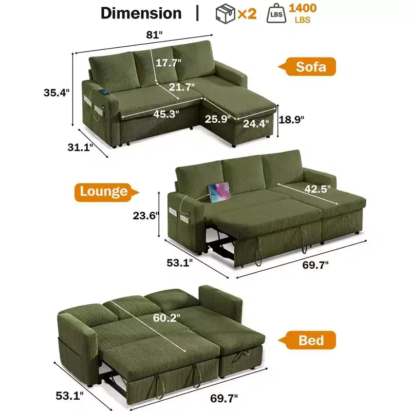 Canapé-lit 81, canapé d'angle en L avec lit gigogne, dossier inclinable, méridienne de rangement réversible, ports USB