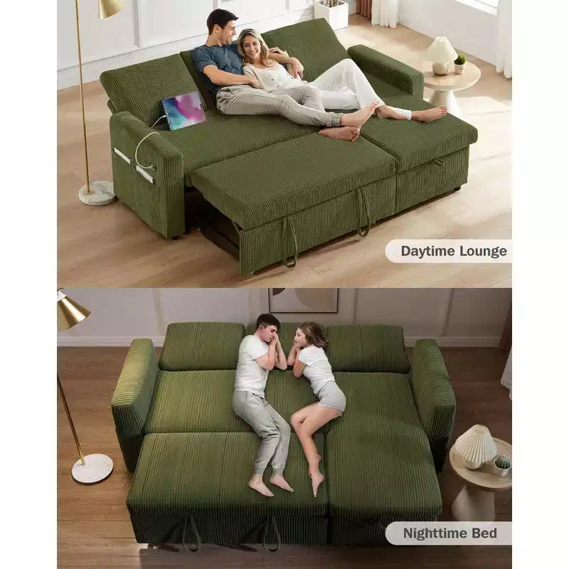 Canapé-lit 81, canapé d'angle en L avec lit gigogne, dossier inclinable, méridienne de rangement réversible, ports USB