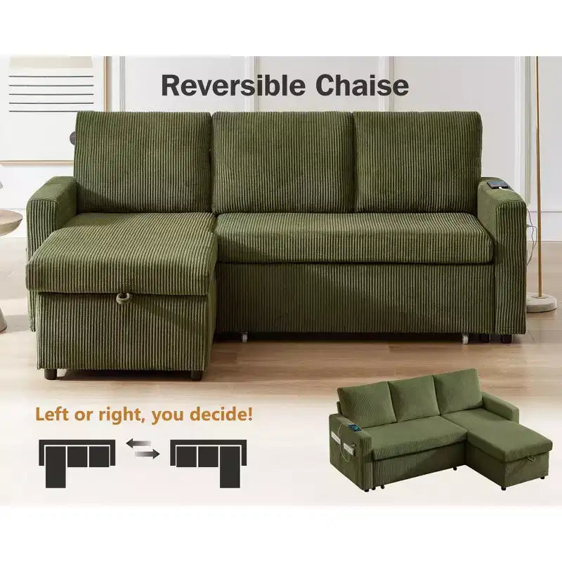 Canapé-lit 81, canapé d'angle en L avec lit gigogne, dossier inclinable, méridienne de rangement réversible, ports USB