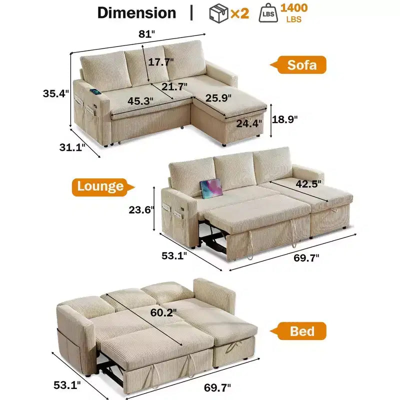Canapé-lit 81, canapé d'angle en L avec lit gigogne, dossier inclinable, méridienne de rangement réversible, ports USB