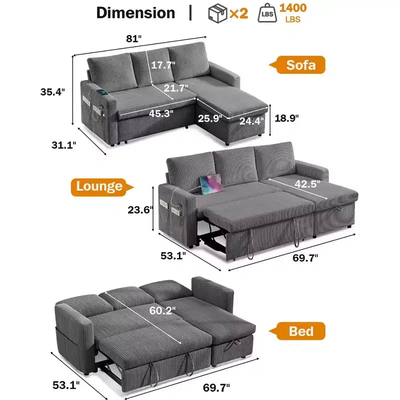 Canapé-lit 81, canapé d'angle en L avec lit gigogne, dossier inclinable, méridienne de rangement réversible, ports USB