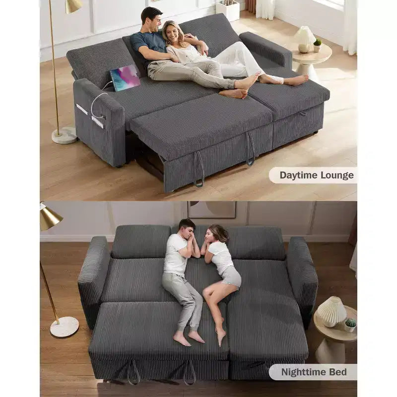 Canapé-lit 81, canapé d'angle en L avec lit gigogne, dossier inclinable, méridienne de rangement réversible, ports USB