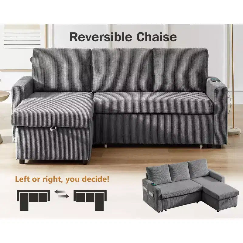 Canapé-lit 81, canapé d'angle en L avec lit gigogne, dossier inclinable, méridienne de rangement réversible, ports USB