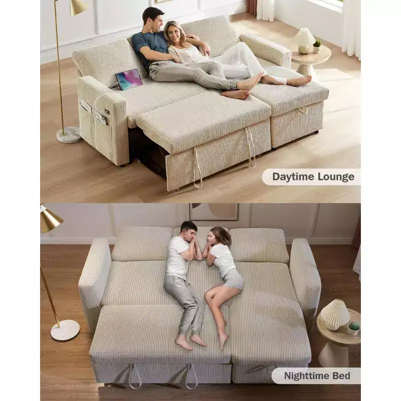 Canapé-lit 81, canapé d'angle en L avec lit gigogne, dossier inclinable, méridienne de rangement réversible, ports USB