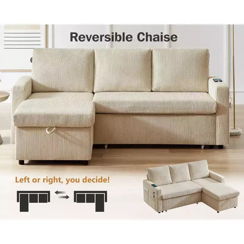 Canapé-lit 81, canapé d'angle en L avec lit gigogne, dossier inclinable, méridienne de rangement réversible, ports USB