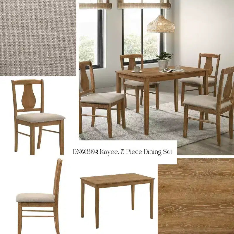 Ensemble de salle à manger 5 pièces en tissu et hévéa avec chaises rembourrées
