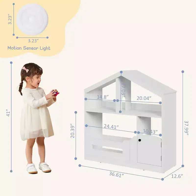 Étagère à Livres Polyvalente à 3 Niveaux pour Enfants avec Lumière à Détecteur de Mouvement - Organisateur de Rangement en Bois pour Jouets avec Dispositif Anti-basculement