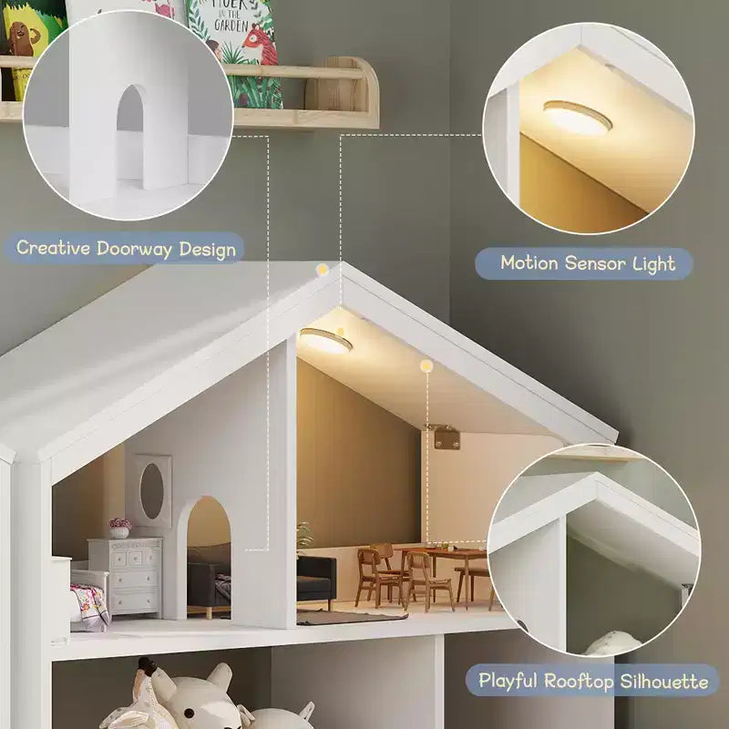 Étagère à Livres Polyvalente à 3 Niveaux pour Enfants avec Lumière à Détecteur de Mouvement - Organisateur de Rangement en Bois pour Jouets avec Dispositif Anti-basculement