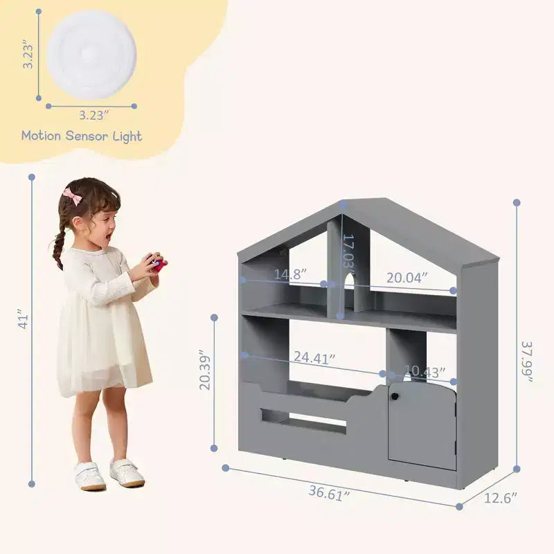 Étagère à Livres Polyvalente à 3 Niveaux pour Enfants avec Lumière à Détecteur de Mouvement - Organisateur de Rangement en Bois pour Jouets avec Dispositif Anti-basculement