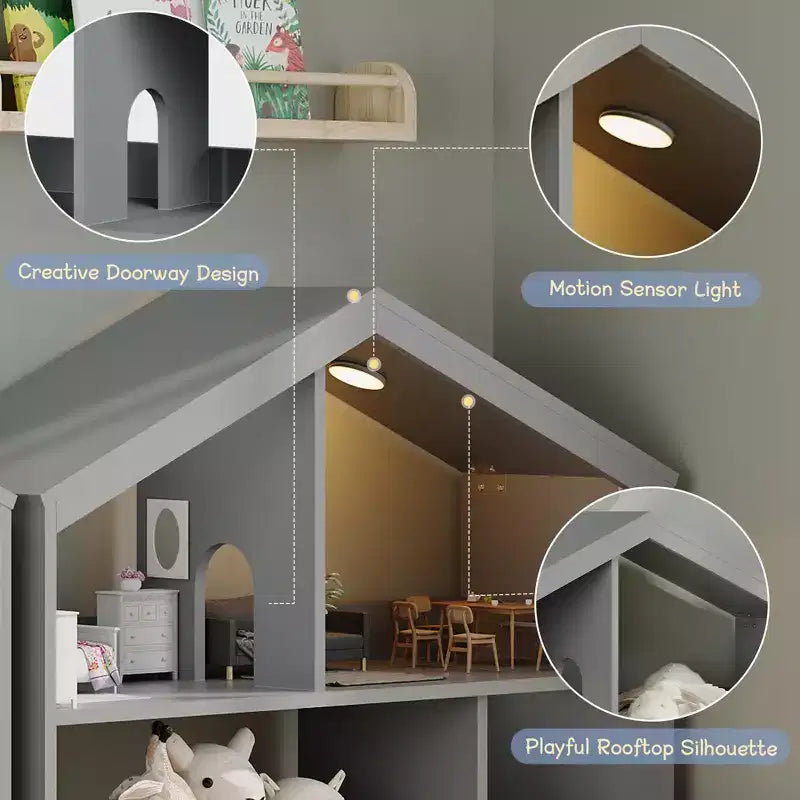 Étagère à Livres Polyvalente à 3 Niveaux pour Enfants avec Lumière à Détecteur de Mouvement - Organisateur de Rangement en Bois pour Jouets avec Dispositif Anti-basculement