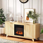 VINGLI Fireplace TV Stand for up to 70 inch TVs, Fluted Entertainment Center with Electric Fireplace Heater & Adjustable Shelves, Oak