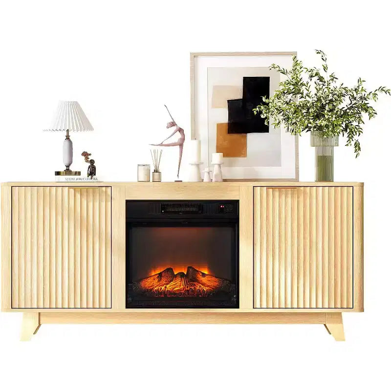 Meuble TV avec cheminée pour téléviseurs jusqu'à 70 pouces, meuble de divertissement cannelé avec chauffage électrique et étagères réglables, chêne