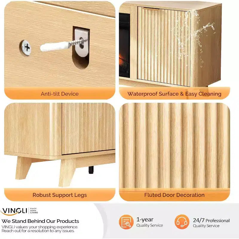 Meuble TV avec cheminée pour téléviseurs jusqu'à 70 pouces, meuble de divertissement cannelé avec chauffage électrique et étagères réglables, chêne