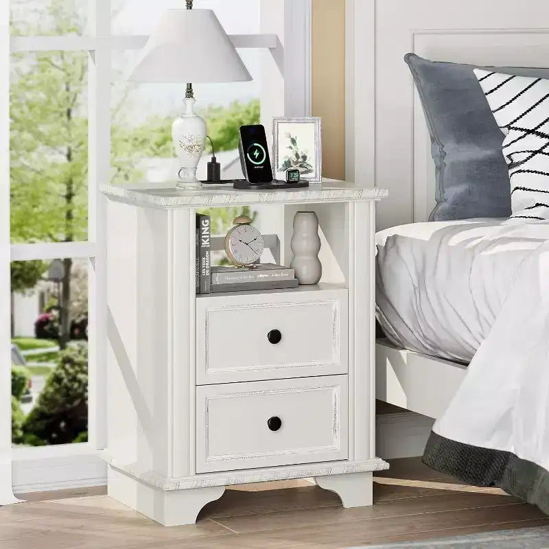 VINGLI 19.7 W Nightstand with Charging Station, White Nightstand with Drawers, Wood Night Stand