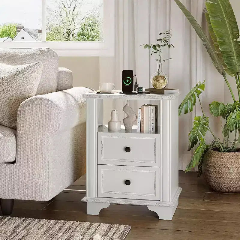 Table de chevet 19,7 W avec station de charge, table de chevet blanche avec tiroirs, table de chevet en bois