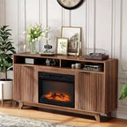 VINGLI Fireplace TV Stand for up to 70 inch TVs, Fluted Entertainment Center with Electric Fireplace Heater & Adjustable Shelves  Open Cabinet