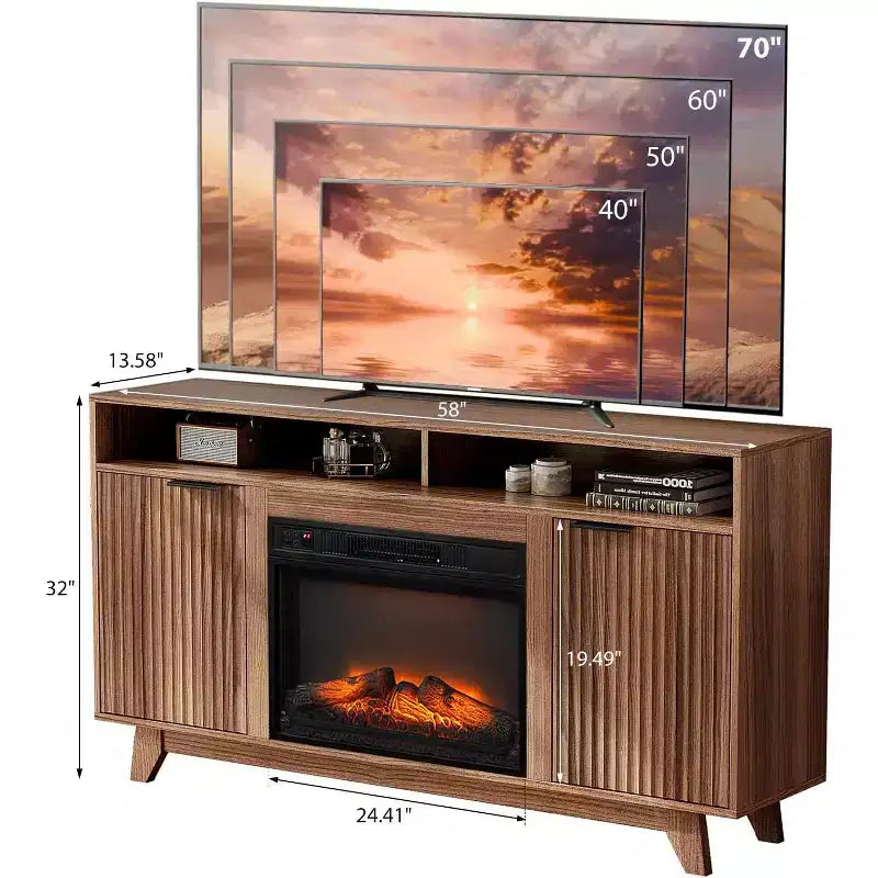 Meuble TV cheminée pour téléviseurs jusqu'à 70 pouces, meuble de divertissement cannelé avec chauffage de cheminée électrique et étagères réglables, armoire ouverte