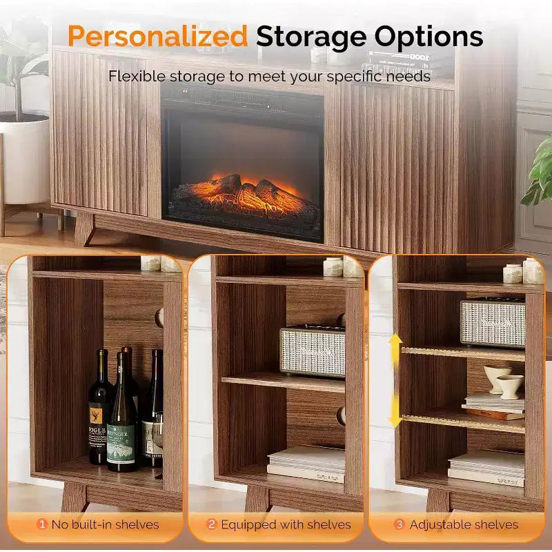Meuble TV cheminée pour téléviseurs jusqu'à 70 pouces, meuble de divertissement cannelé avec chauffage de cheminée électrique et étagères réglables, armoire ouverte