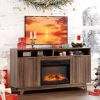 Meuble TV cheminée pour téléviseurs jusqu'à 70 pouces, meuble de divertissement cannelé avec chauffage de cheminée électrique et étagères réglables, armoire ouverte