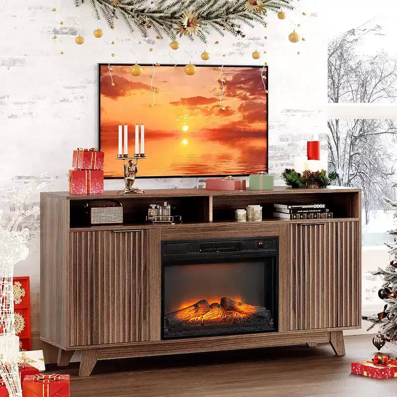 Meuble TV cheminée pour téléviseurs jusqu'à 70 pouces, meuble de divertissement cannelé avec chauffage de cheminée électrique et étagères réglables, armoire ouverte