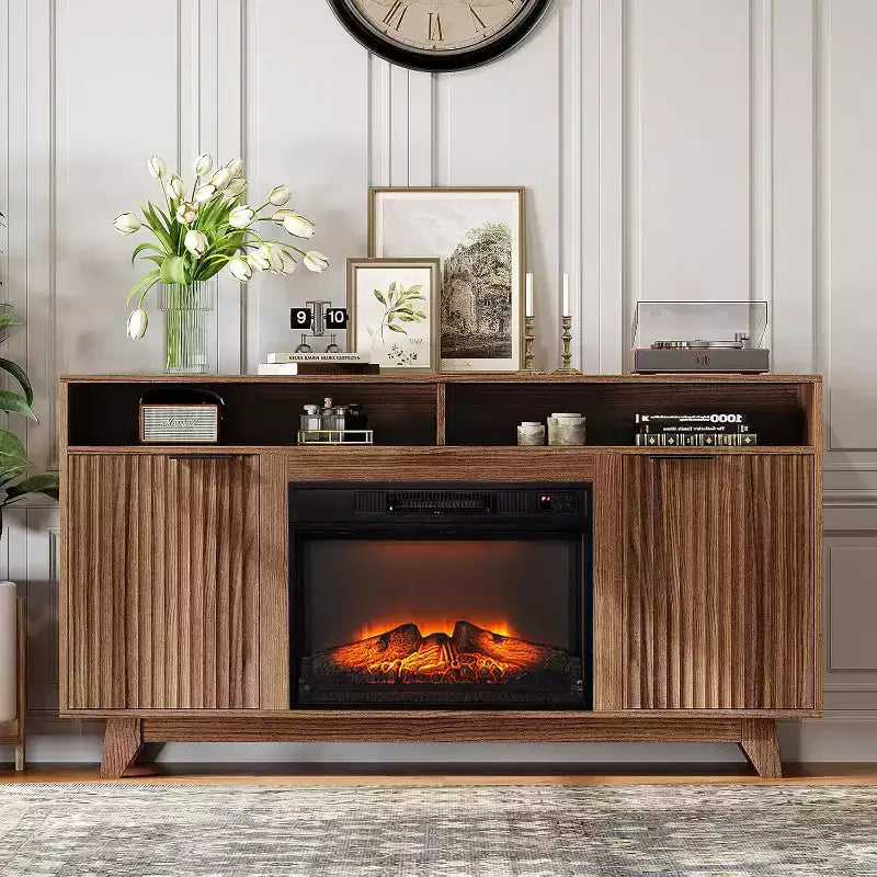 Meuble TV cheminée pour téléviseurs jusqu'à 70 pouces, meuble de divertissement cannelé avec chauffage de cheminée électrique et étagères réglables, armoire ouverte