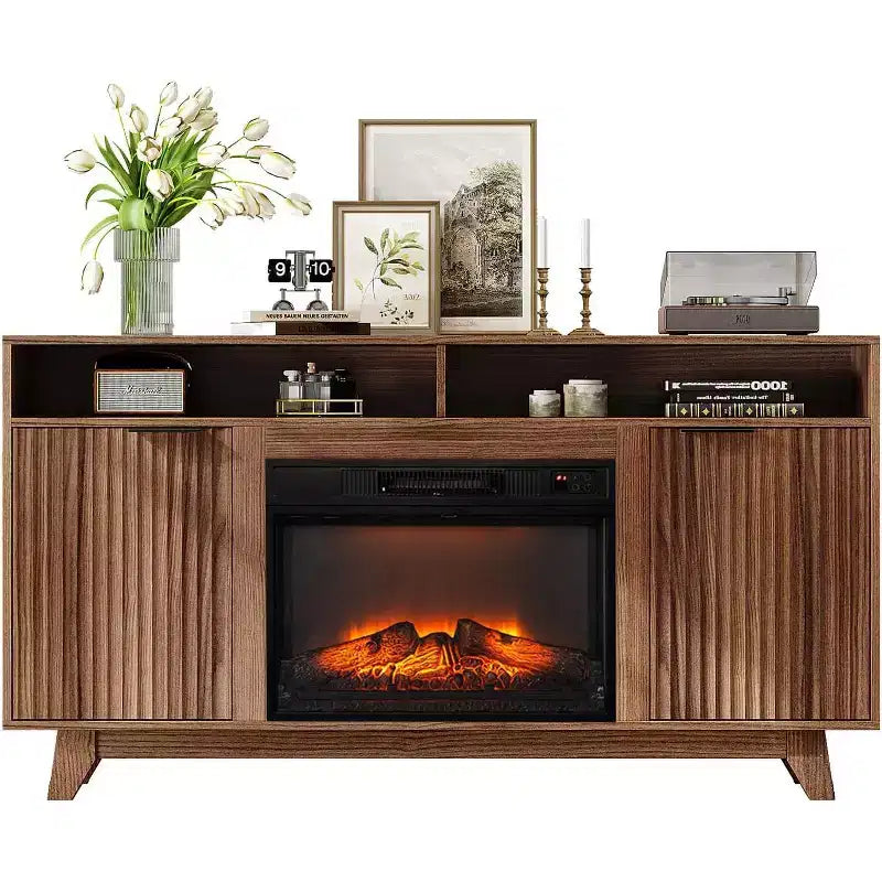 Meuble TV cheminée pour téléviseurs jusqu'à 70 pouces, meuble de divertissement cannelé avec chauffage de cheminée électrique et étagères réglables, armoire ouverte
