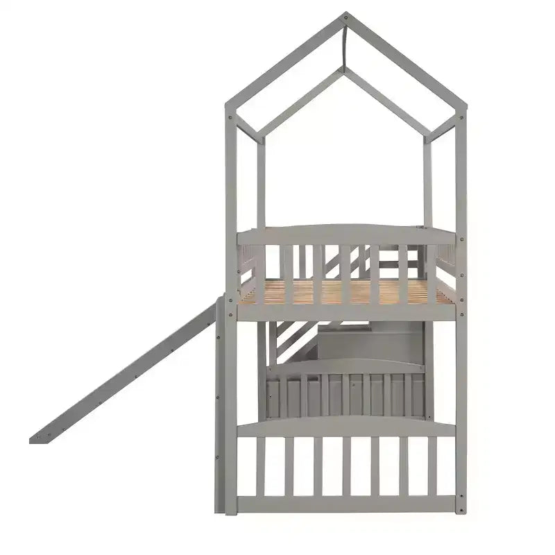 Lit mezzanine cabane pour enfants avec toboggan et tiroirs de rangement, lit en bois pour enfants taille jumeau hauteur basse