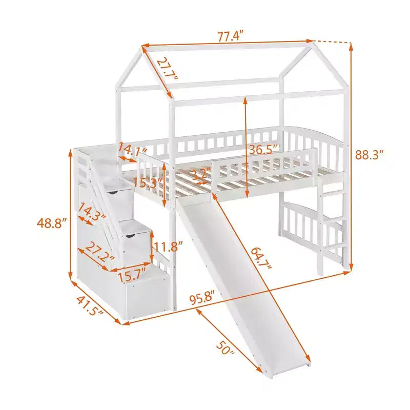 Lit mezzanine cabane pour enfants avec toboggan et tiroirs de rangement, lit en bois pour enfants taille jumeau hauteur basse