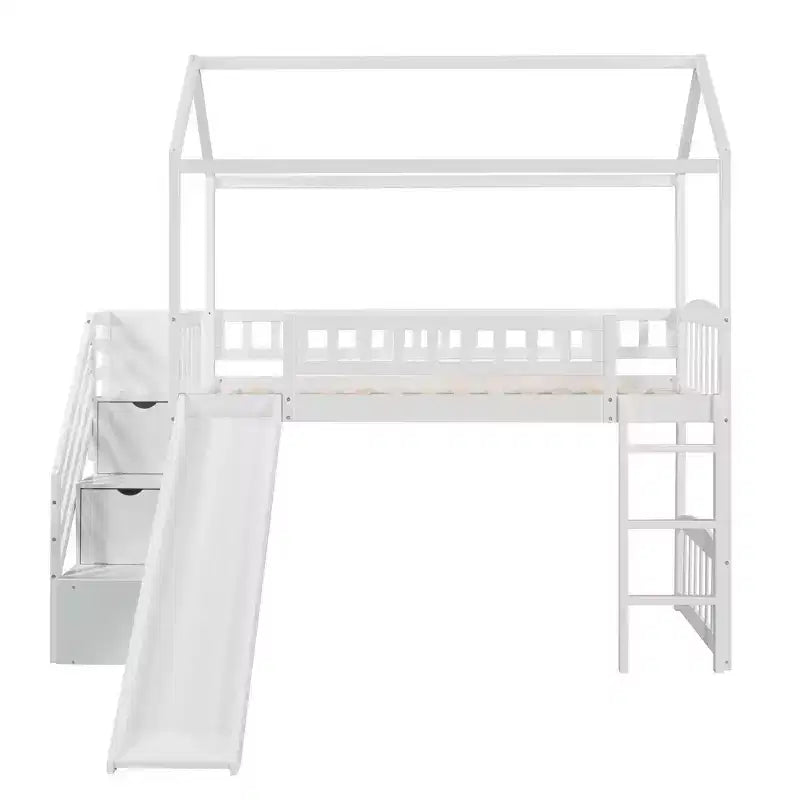 Lit mezzanine cabane pour enfants avec toboggan et tiroirs de rangement, lit en bois pour enfants taille jumeau hauteur basse