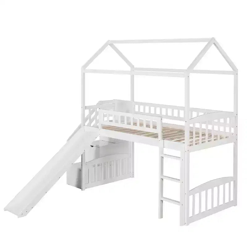 Lit mezzanine cabane pour enfants avec toboggan et tiroirs de rangement, lit en bois pour enfants taille jumeau hauteur basse