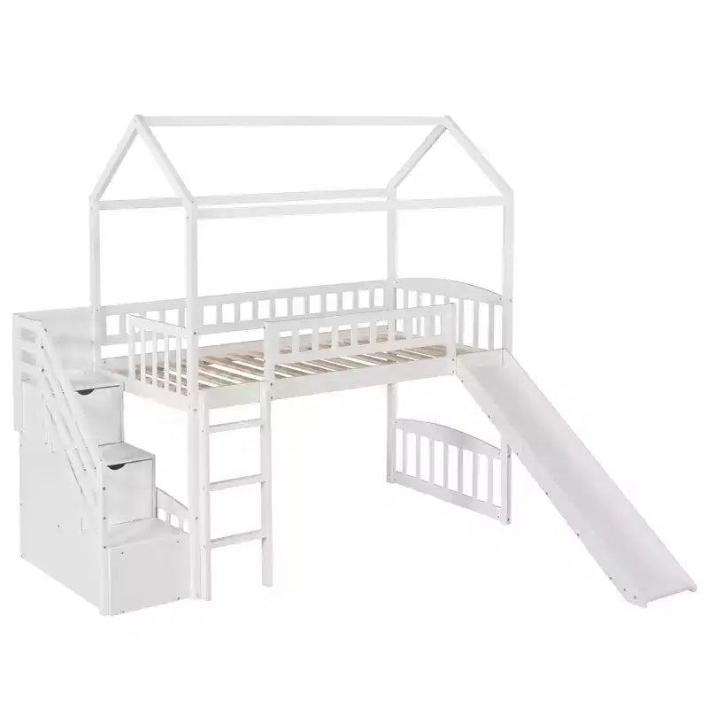 Lit mezzanine cabane pour enfants avec toboggan et tiroirs de rangement, lit en bois pour enfants taille jumeau hauteur basse