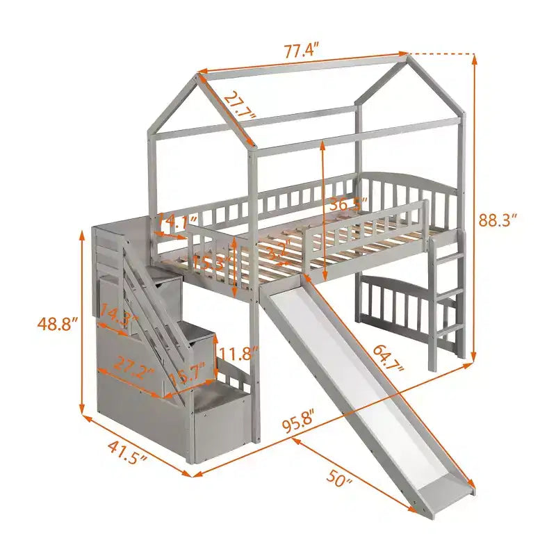 Lit mezzanine cabane pour enfants avec toboggan et tiroirs de rangement, lit en bois pour enfants taille jumeau hauteur basse