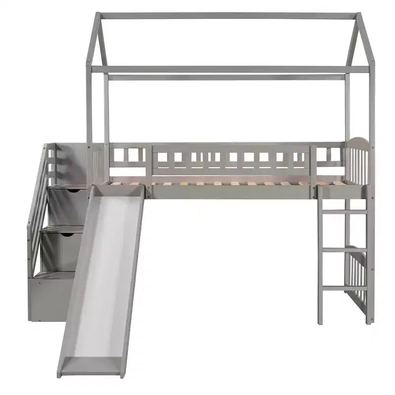 Lit mezzanine cabane pour enfants avec toboggan et tiroirs de rangement, lit en bois pour enfants taille jumeau hauteur basse