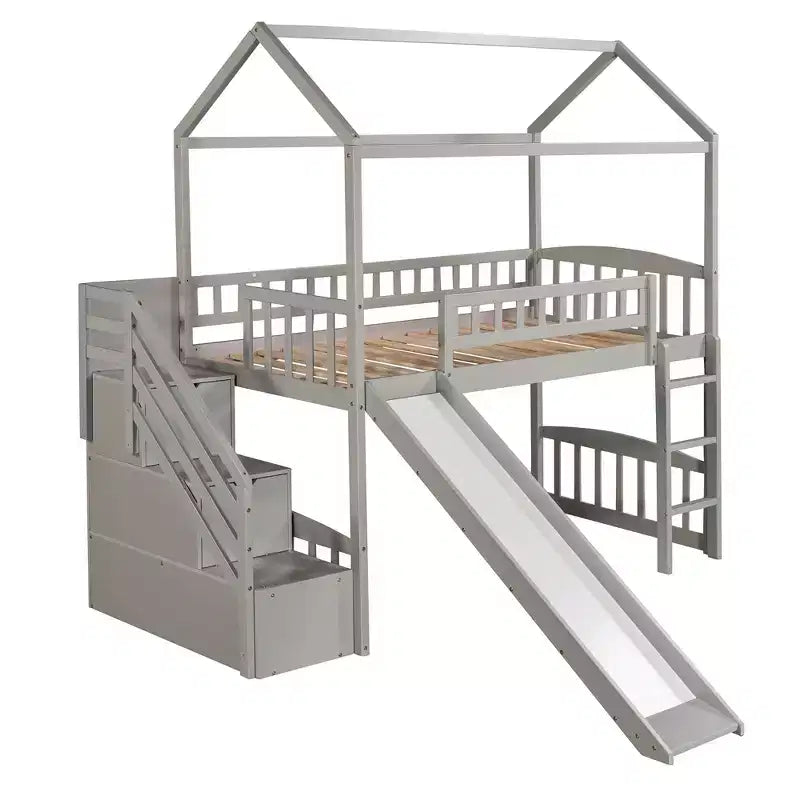 Lit mezzanine cabane pour enfants avec toboggan et tiroirs de rangement, lit en bois pour enfants taille jumeau hauteur basse