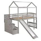 Lit mezzanine cabane pour enfants avec toboggan et tiroirs de rangement, lit en bois pour enfants taille jumeau hauteur basse