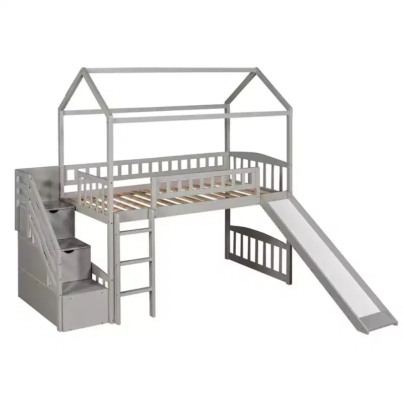 Lit mezzanine cabane pour enfants avec toboggan et tiroirs de rangement, lit en bois pour enfants taille jumeau hauteur basse