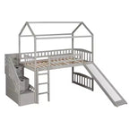 Lit mezzanine cabane pour enfants avec toboggan et tiroirs de rangement, lit en bois pour enfants taille jumeau hauteur basse