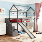 Luxystar Kids Playhouse Loft Bed with Slide and Storage Drawers, Twin Size Low Height Wooden Bed for Children