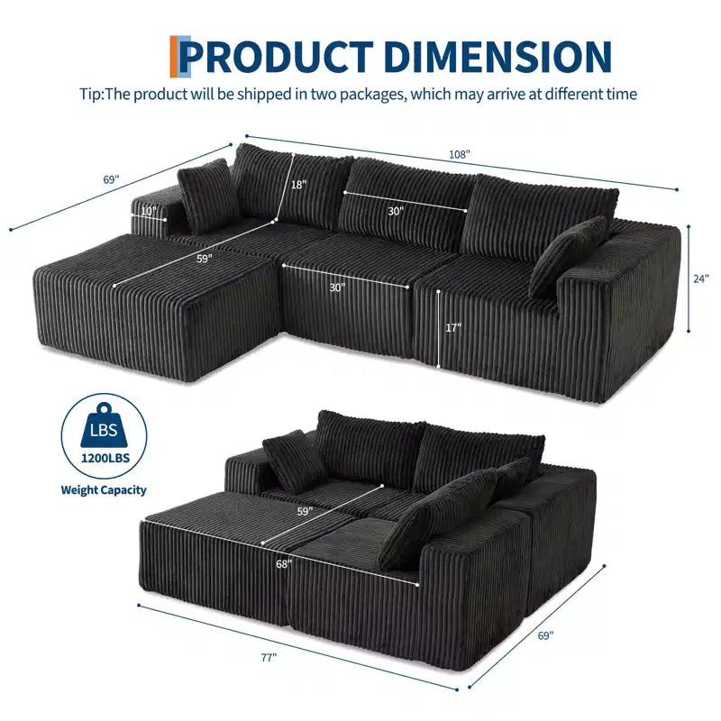 Canapé modulable 108 pouces, canapé-lit en velours côtelé avec assise profonde, canapé en mousse à mémoire de forme pour salon et chambre, aucun assemblage requis
