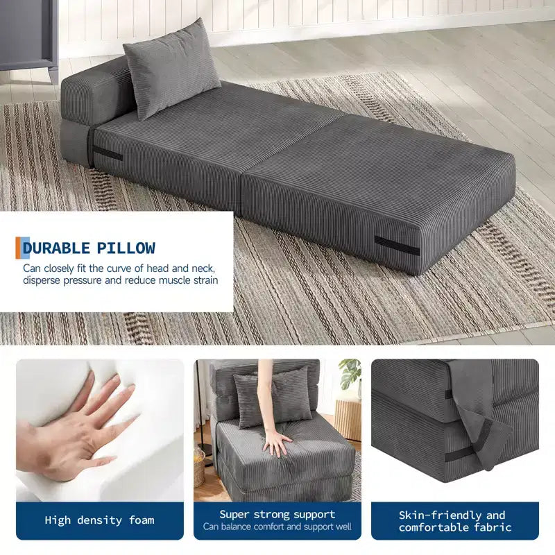 Canapé-lit pliant, fauteuil de couchage convertible 4-en-1 avec oreiller, canapé-lit futon simple avec soutien dorsal, chaise-lit pliante portable confortable