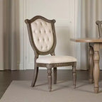 Royal Hampton Side Dining Chair Set of 2, Weathered Oak Wood, Tufted Beige Fabric